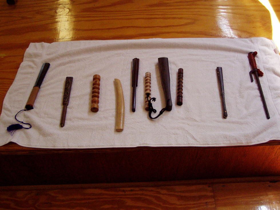Japanese training weapons arranged for study